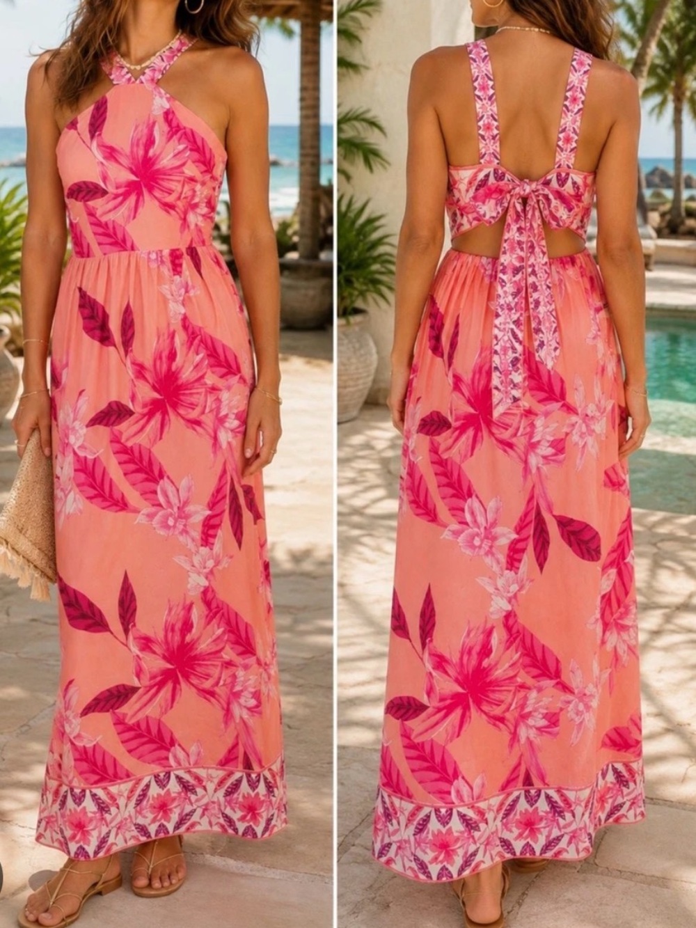 VENUS Coral and Pink Floral Maxi Dress with Crossback Straps